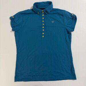 Ariat Womens Teal Gold Button Short Sleeve Polo Shirt L Golf Equestrian